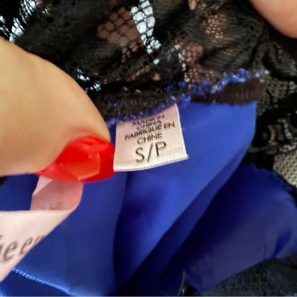 La Vie en Rose Electric Blue Satin Slip Dress with Black Lace - Picture 8 of 9